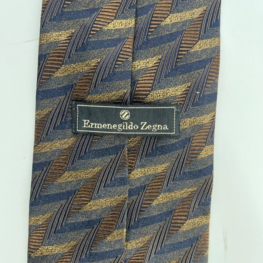 Ermenegildo Zegna Vintage Silk Tie Navy Bronze Textured Geometric Herringbone